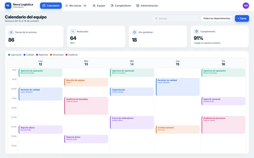 Calendario Operativo con la marca de ejemplo Nova Logística