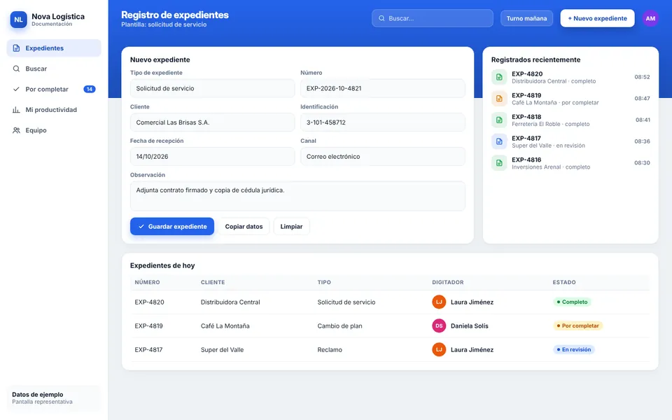 Documentación y Digitación con la marca de ejemplo Nova Logística