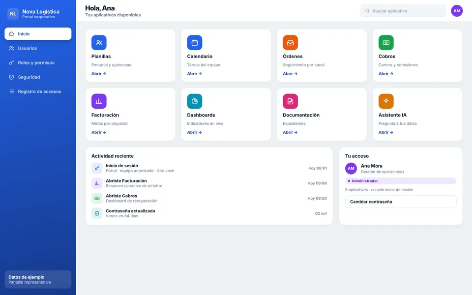 Portal Corporativo con Acceso Único con la marca de ejemplo Nova Logística