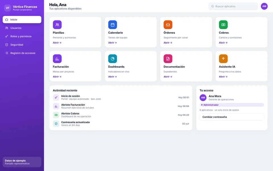 Portal Corporativo con Acceso Único con la marca de ejemplo Vértice Finanzas